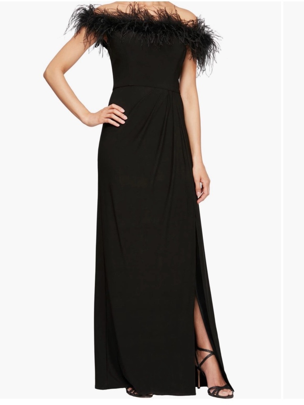 Alex Evenings Off-Shoulder Black Feather Trim Dress- Size 12